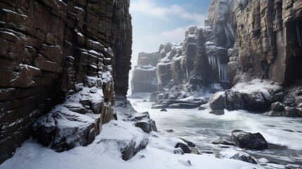 Winter landscape featuring rugged coastal cliffs with snow and icy formations against a turbulent sea and cloudy sky.