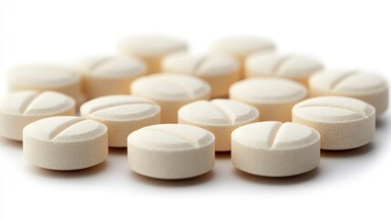 Assorted pale beige pills arranged in a staggered formation on a clean white background highlighting their textures and shapes.