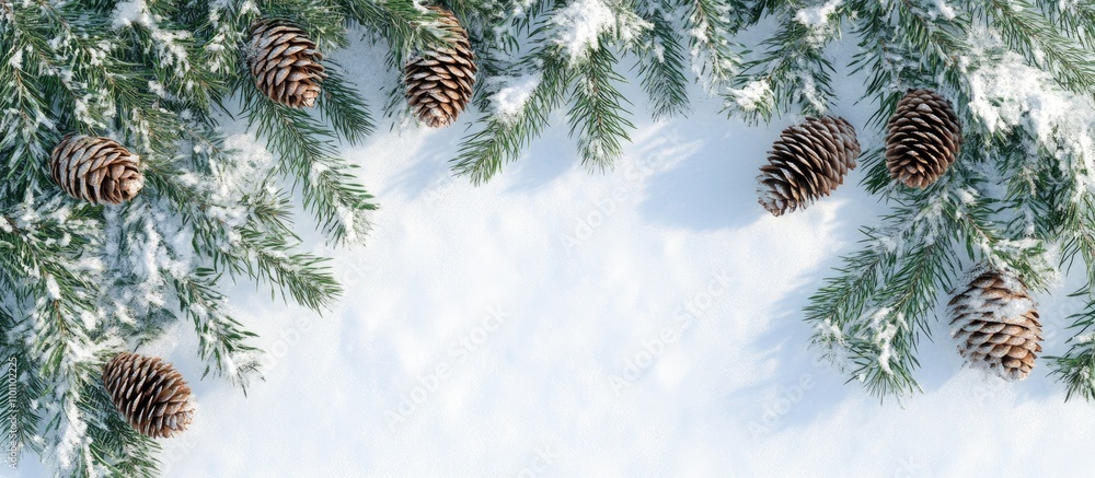 Poster winter backdrop featuring evergreen fir tree branches with pine cones adorned in a serene layer of f