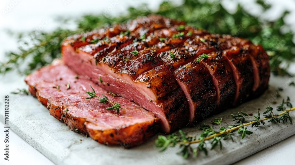 Poster sliced spiced ham with herbs arranged on a gray serving board against a bright background
