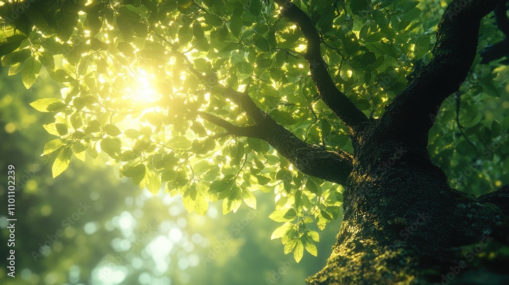 Poster lush tree with vibrant green leaves and sun rays filtering through branches in a serene forest setti