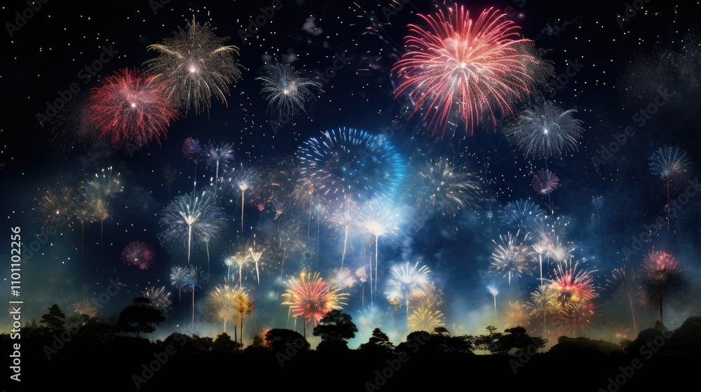Poster dynamic fireworks display illuminated night sky with vibrant colors and wind effects creating an enc