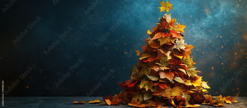 Poster stylized autumn leaves arranged as a christmas tree against a dark background creating a festive and