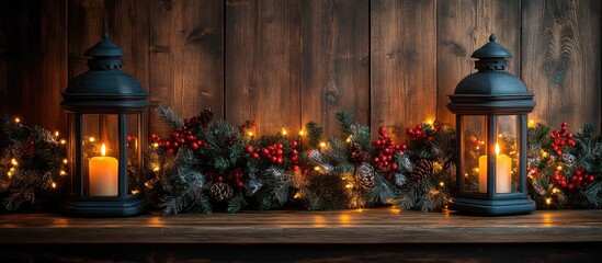 Obraz premium Winter holiday ambiance with decorative lanterns and garlands illuminated by warm lights on wooden background