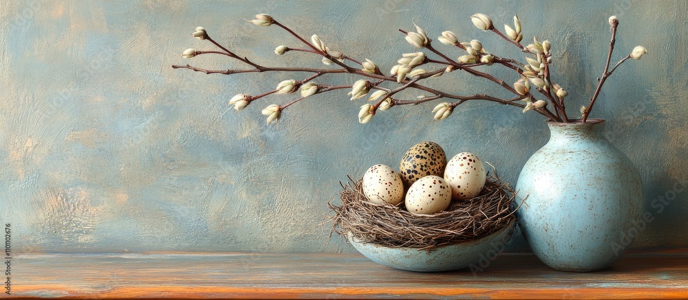 Poster Willow branches and quail eggs nest in decorative bowls on a rustic wooden table backdrop showcasing springtime decor elegance.