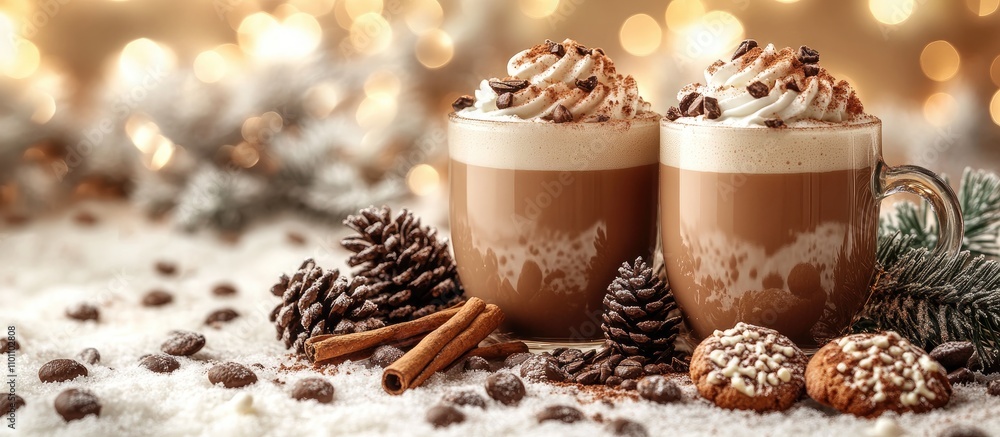 Poster Cozy winter scene with two cups of hot cocoa topped with whipped cream and cinnamon surrounded by pinecones and cookies on a snowy backdrop