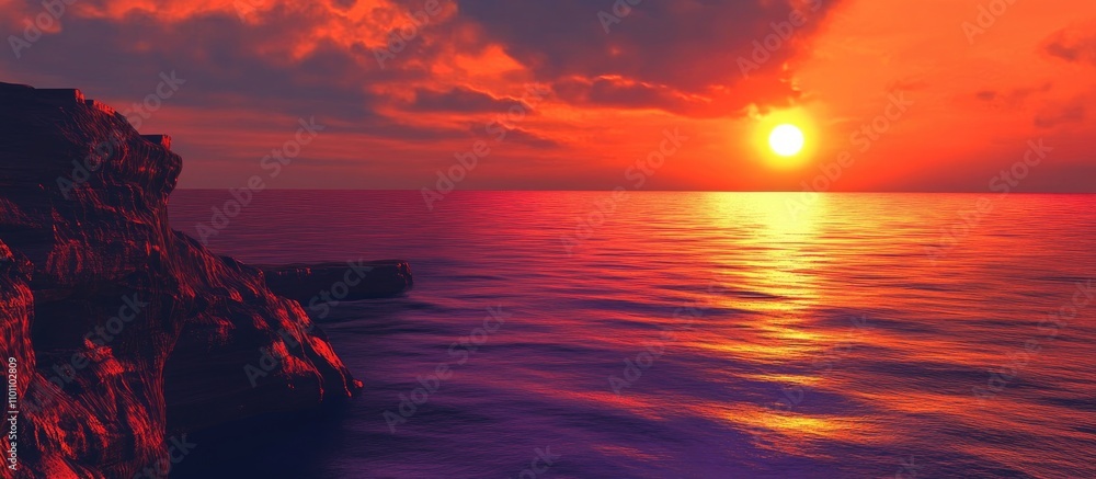 Poster vibrant sunset over calm ocean waters viewed from a dramatic cliff edge with colorful sky reflection