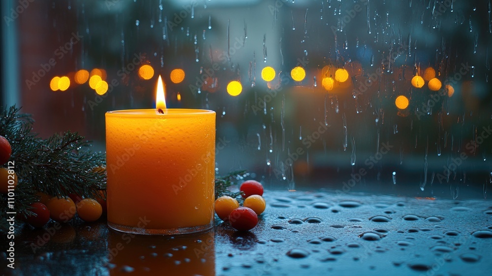 Poster Candle glowing softly with vibrant bokeh lights and raindrops on window creating a warm and cozy atmosphere in a rainy setting