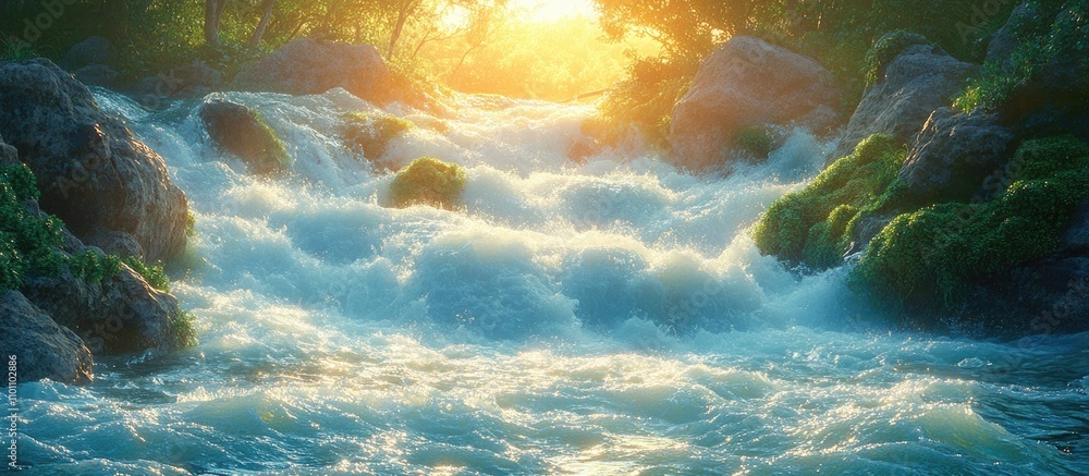 Poster serene water streams cascading over rocky shoreline adorned with lush green moss and illuminated by 
