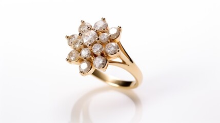 Gold diamond cluster ring in a floral design elegantly displayed on a white background showcasing luxury and craftsmanship.