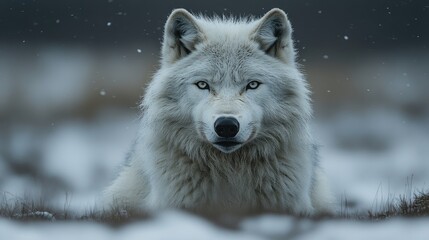 Obraz premium Arctic Wolf Staring Intensely in Snowy Landscape Showcase of Wildlife Majesty
