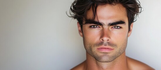 Naklejka premium Handsome male model showcasing an expressive face with tousled hair in a minimalist setting against a soft white backdrop.