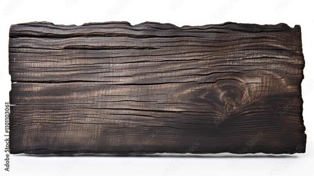 Poster burnt wood board with textured surface isolated on white background for rustic design elements and c
