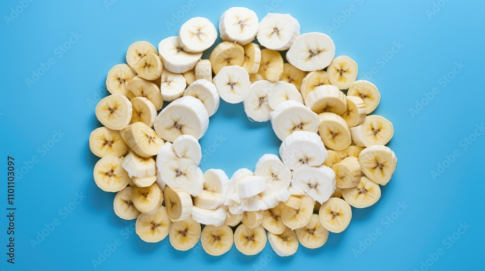 Poster coconut and banana sections arranged in a circular pattern on a vibrant blue background showcasing f