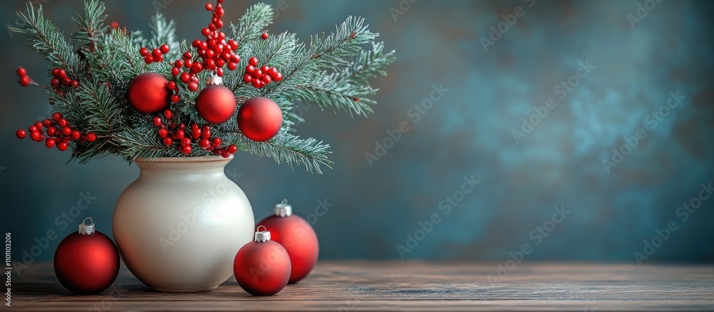 Poster festive vase with thuja branches and red ornaments creating a holiday arrangement on a wooden table 
