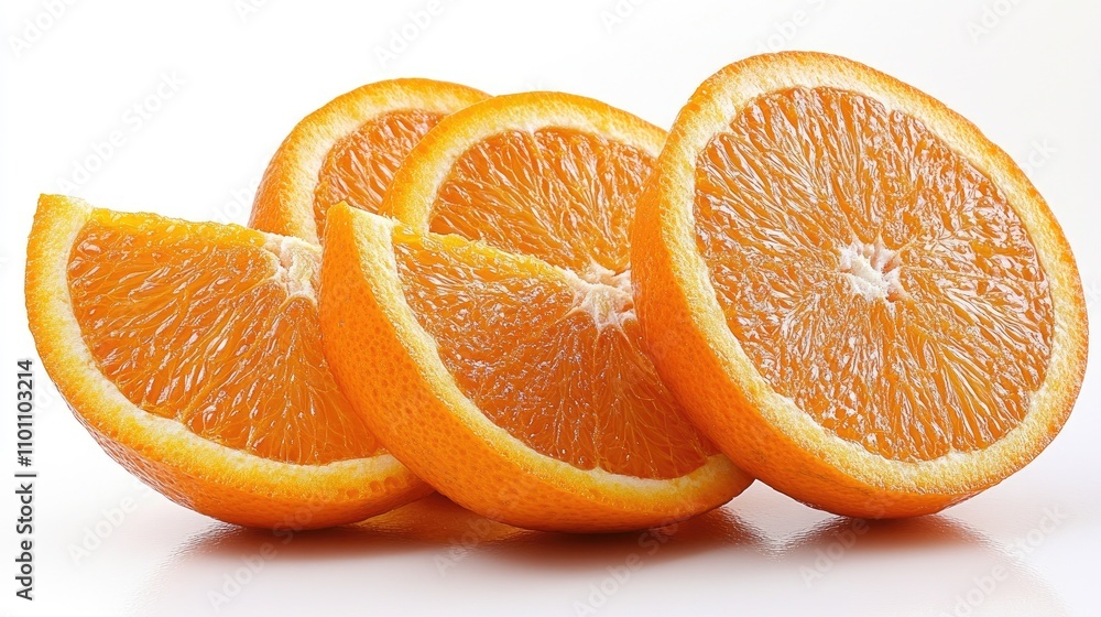 Poster fresh orange slices arranged neatly on a bright white background showcasing vibrant color and textur
