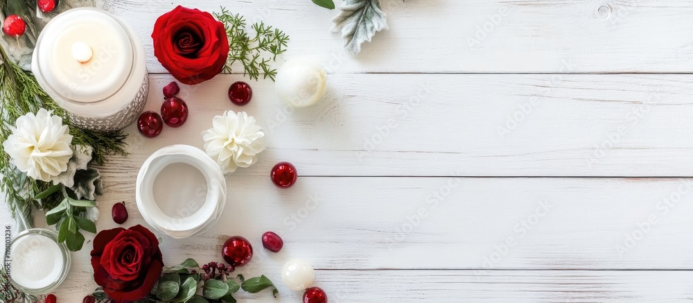 Poster elegant celebration table setting with candles and fresh flowers on a rustic white wooden background