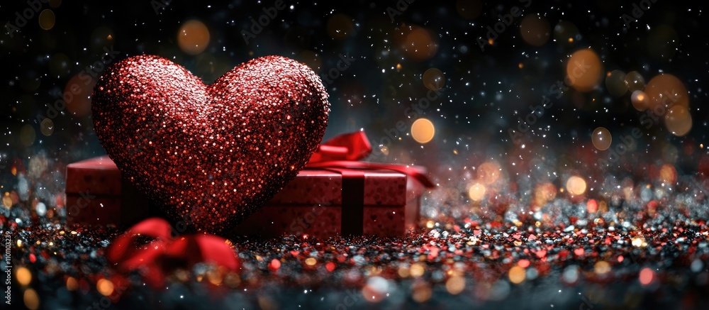 Poster glittering red heart surrounded by confetti and a beautifully wrapped gift box with a red ribbon on 