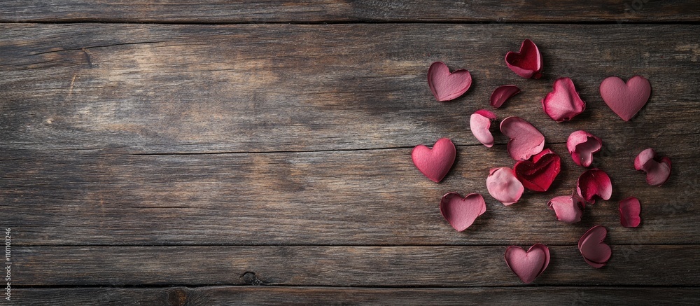 Poster valentine's day hearts scattered on rustic wooden surface with empty space for text showcasing love 