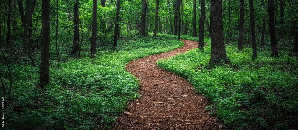 Poster serene winding trail through lush green forest inviting exploration and adventure in natureâ€™s tran