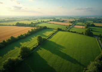 Obraz premium Lush green fields stretch across the countryside under a golden sunset sky