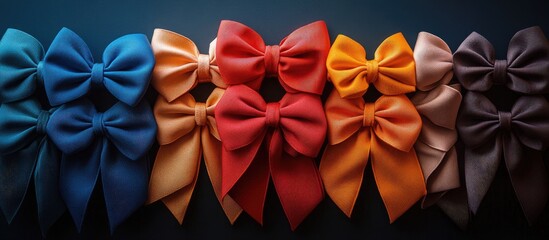 Vibrant assortment of colorful satin bows arranged neatly on a dark background showcasing a range of hues and styles.