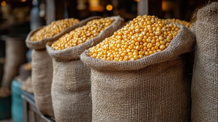 Golden maize stored in jute bags in a rustic market setting showcasing agricultural practices and traditional storage methods.