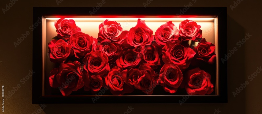 Poster artificial red roses elegantly displayed in a lit picture frame creating a romantic and artistic atm