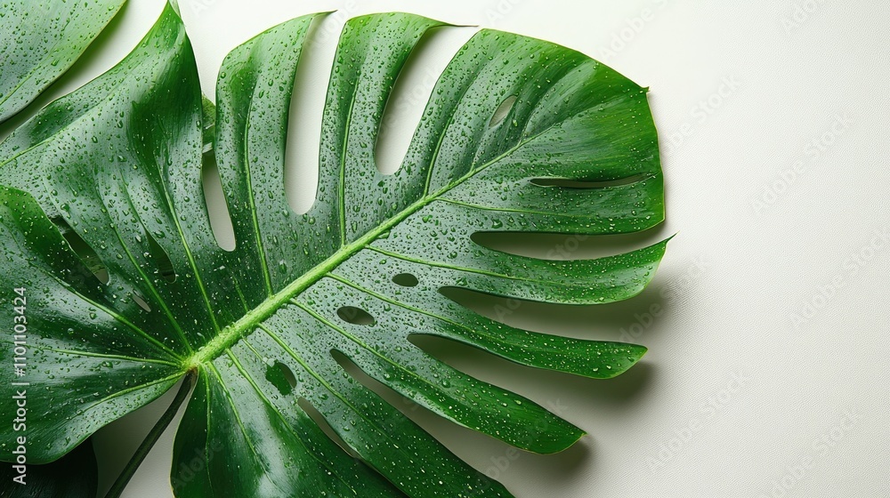 Aufkleber minimalist tropical palm leaf with raindrops on white background overhead perspective nature design 