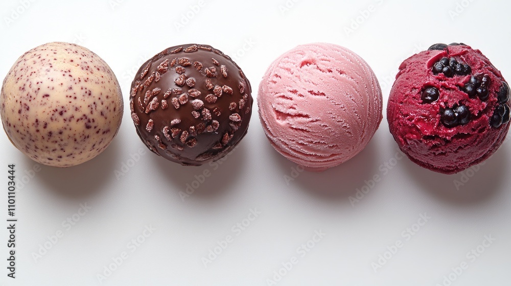 Poster assorted ice cream scoops in various flavors displayed on a white background for a delightful and vi