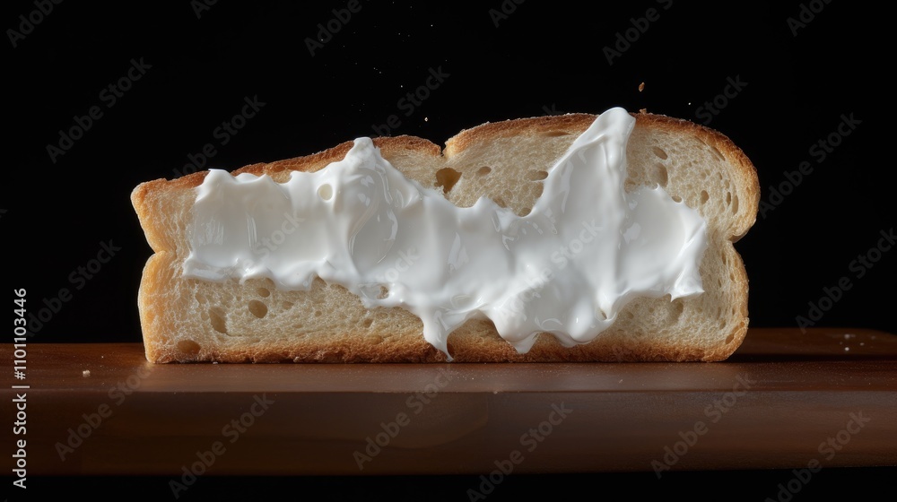 Poster freshly sliced bread with creamy quark spread against a dark background showcasing a simple yet deli