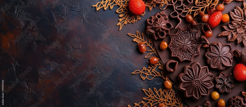 Aufkleber elegant arrangement of chocolate molds and candied fruits on a dark background with lace ornaments a