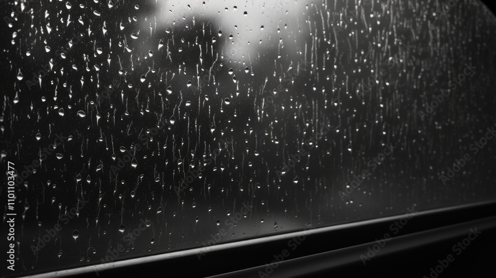 Aufkleber rain droplets on car window creating an atmospheric monochrome backdrop with blurred nature in the b