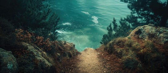Fototapeta premium Scenic path leading to a tranquil sea surrounded by lush greenery and rocky terrain in a serene coastal landscape.