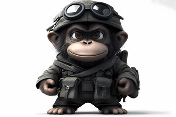 an ape character concept soldier 3D clipart illustration, with isolated white background.