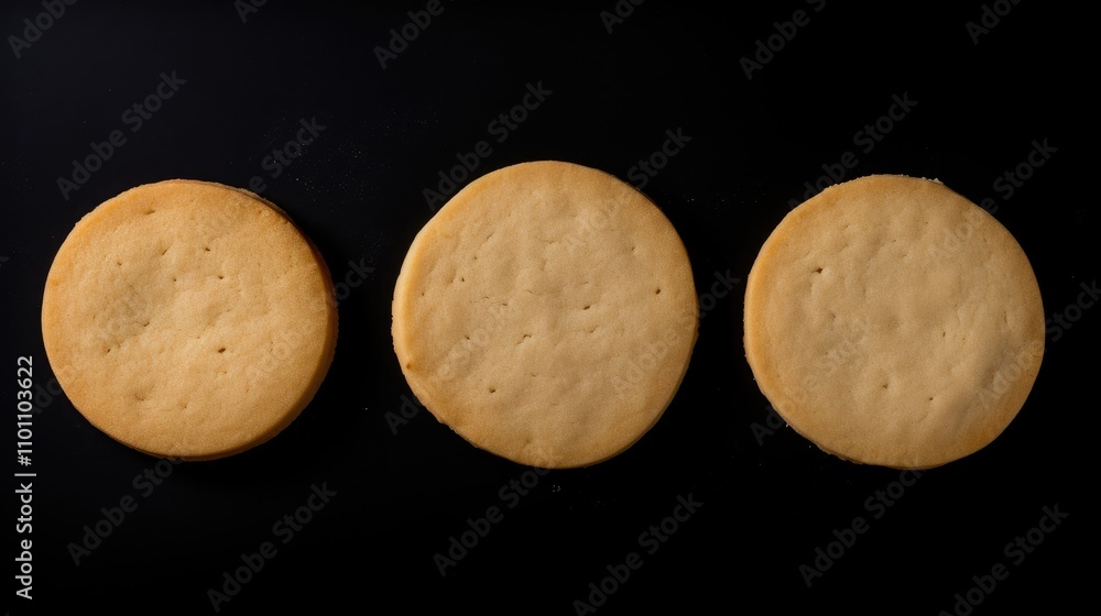 Aufkleber Three perfectly baked shortbread cookies arranged in a row on a dark background showcasing their golden texture and simple elegance.