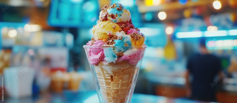 Aufkleber vibrant ice cream cone with colorful scoops in focus against a blurred background capturing joyful s