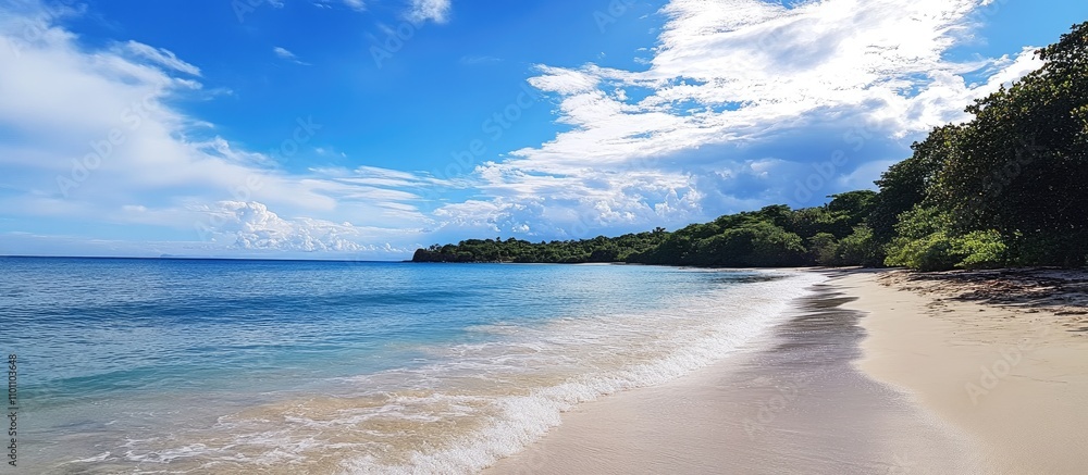 Poster serene beach landscape under a clear blue sky with gentle waves lapping at the shore and lush greene