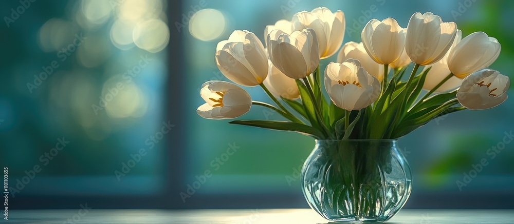 Poster elegant white tulips in a glass vase against a soft blurred background creating a serene and fresh a