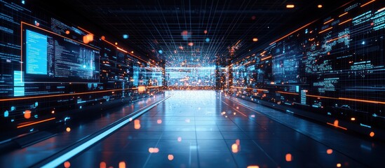 Futuristic digital corridor with glowing screens displaying data streams and code.