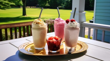 Nutritious summer breakfast smoothies and ice cream served on a porch with fresh fruits in a vibrant outdoor setting