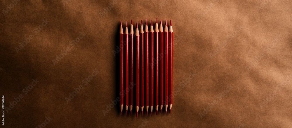 Poster creative workspace layout featuring red pencils arranged on textured brown craft paper for artistic 