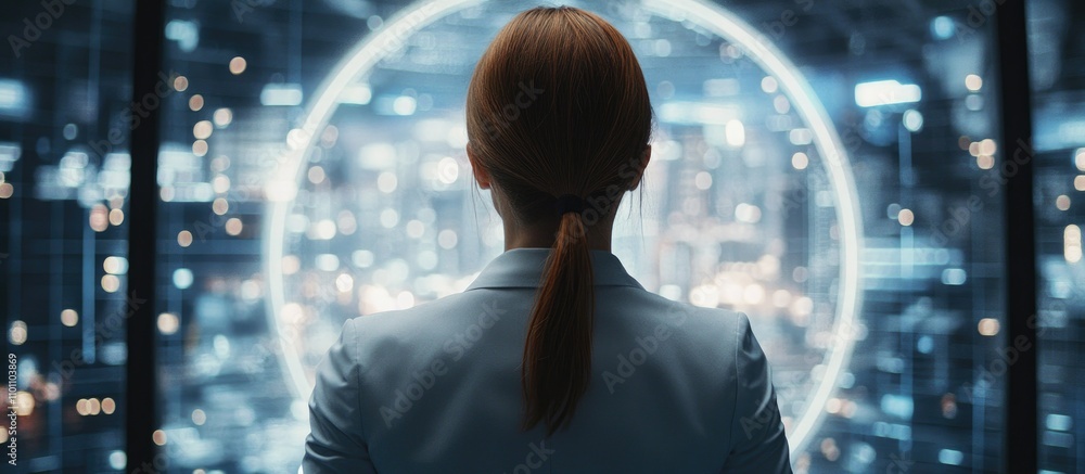 Aufkleber businesswoman interacting with futuristic virtual interface technology in a modern workspace setting