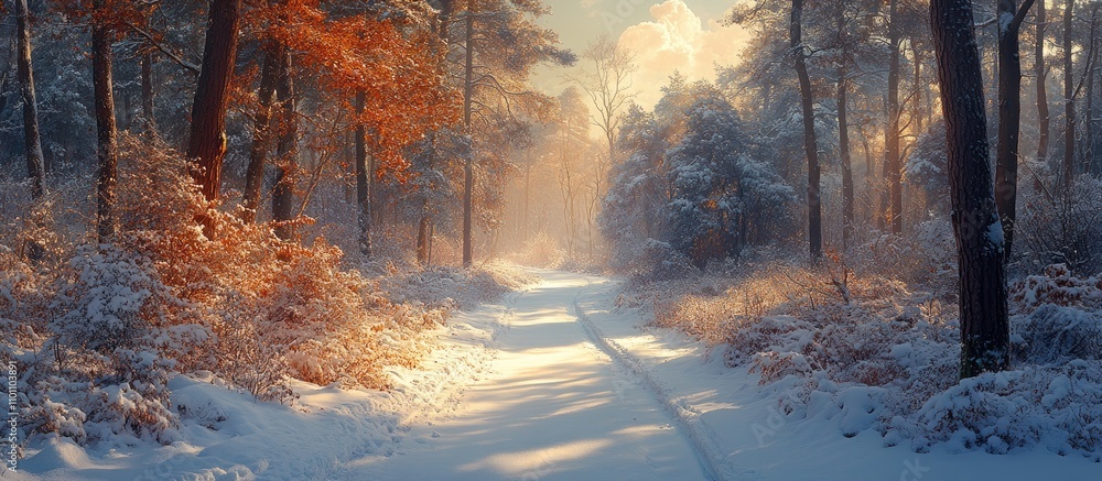 Poster serene winter path through a snow-covered forest with soft sunlight illuminating the peaceful woodla