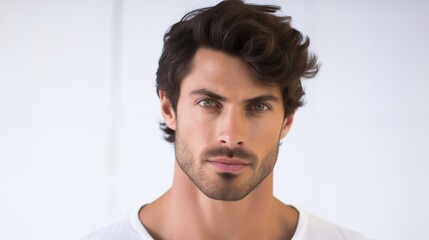 Obraz premium Confident young man with stylish hair posing against a minimalistic white background for fashion or lifestyle concepts