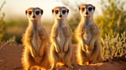 Fototapeta premium Meerkats standing alert in their natural habitat showcasing social behavior and adaptability in southern Africa wildlife.