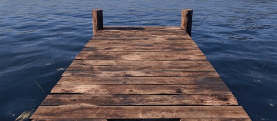 Serene wooden pier extending over calm blue waters in a tranquil natural setting ideal for...