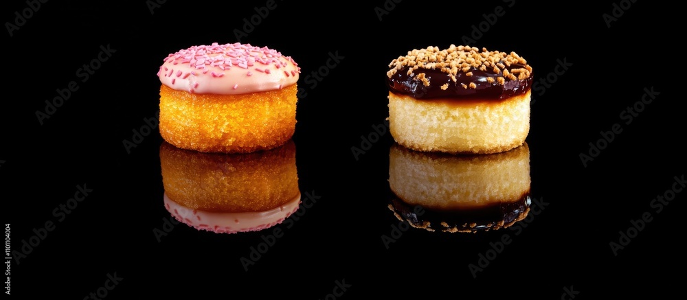 Poster delicious duo of small cakes with colorful frosting on a reflective black background showcasing thei