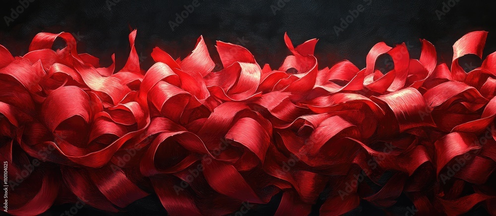 Poster vibrant red ribbon curls creating a dynamic texture against a dark background symbolizing elegance a