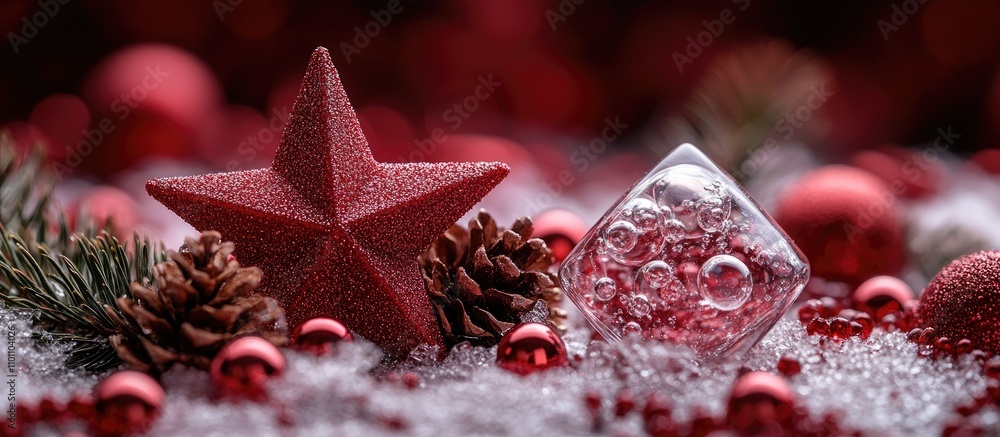 Poster red beads christmas star cone pine tree twig in ice cube with bubbles for new year greeting card ove